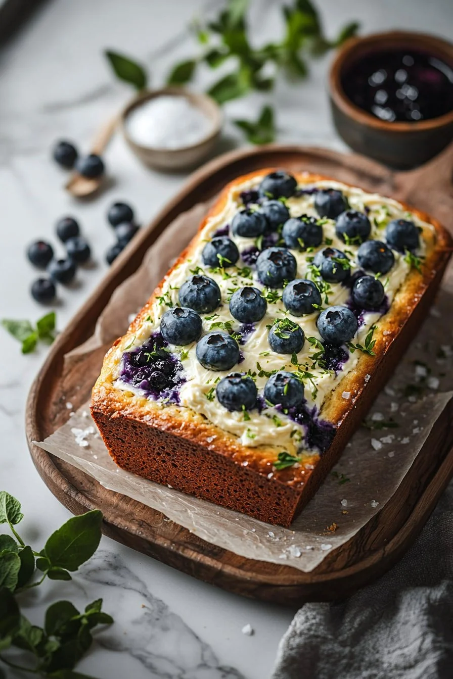 Loaf of blueberry cream cheese bread with fresh blueberries on a wooden cutting board