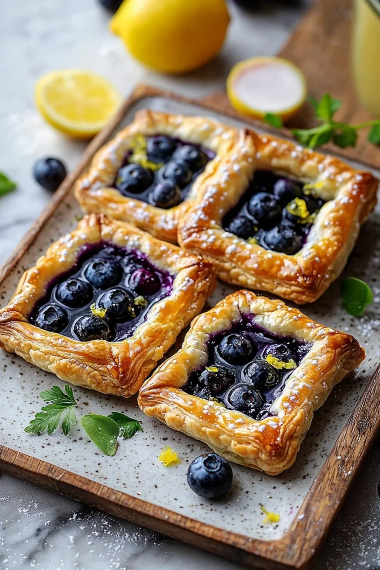 Blueberry puff pastry tarts topped with lemon glaze on a dessert plate