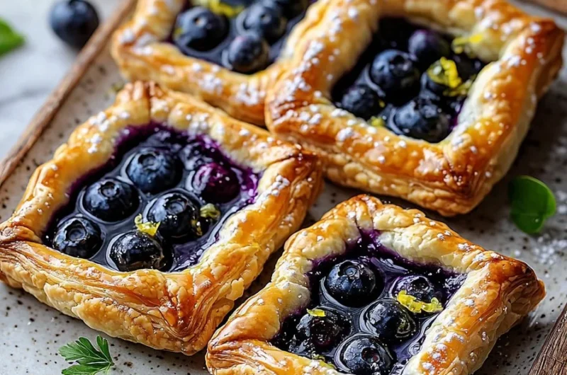 Blueberry puff pastry tarts topped with lemon glaze on a dessert plate