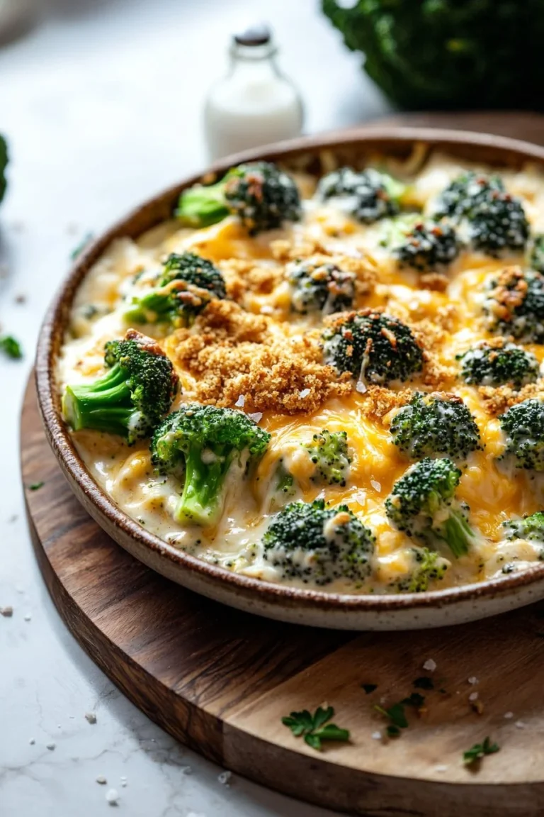 Baked Broccoli Cheese Casserole with melted cheese and fresh broccoli