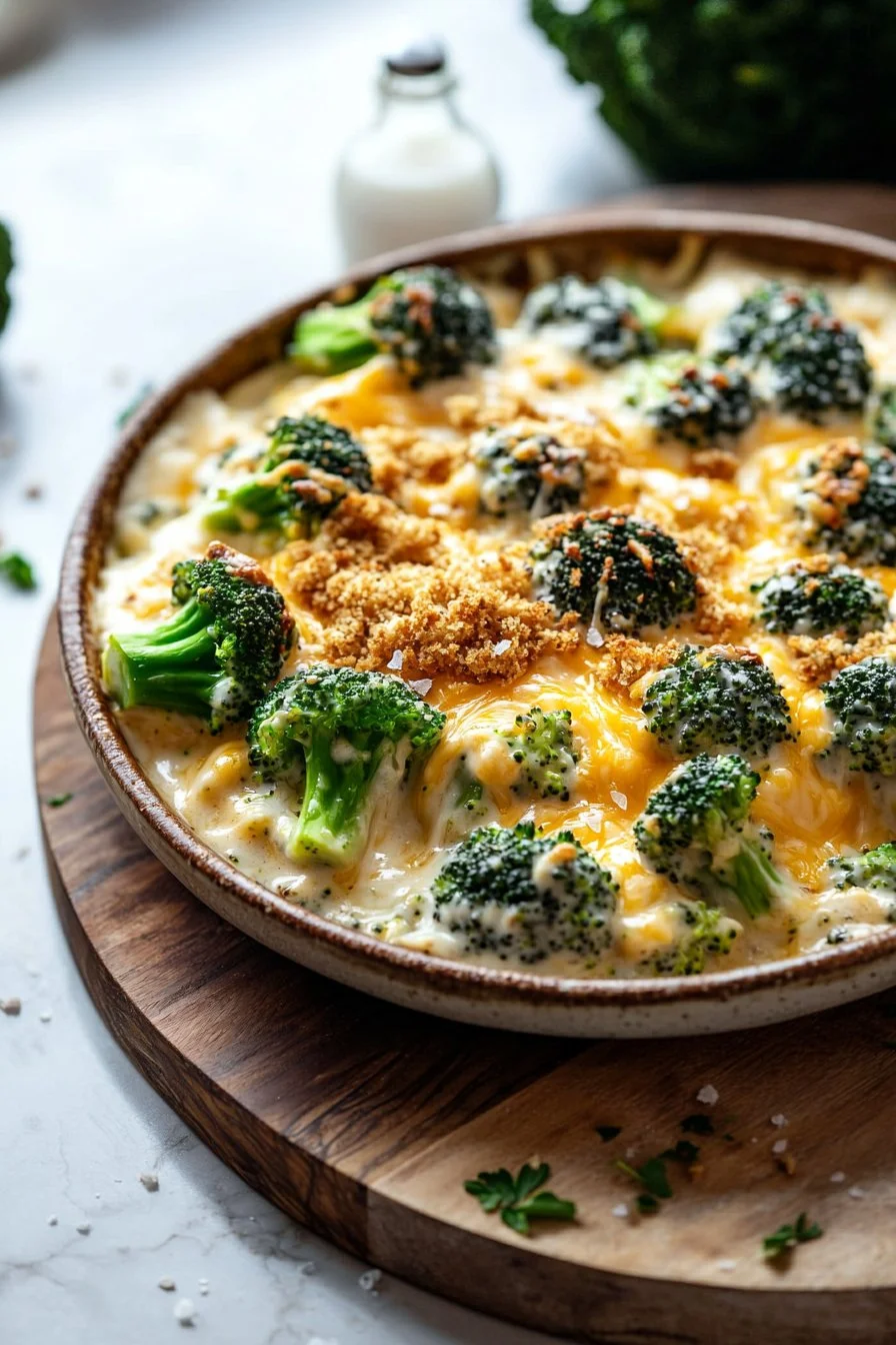 Baked Broccoli Cheese Casserole with melted cheese and fresh broccoli