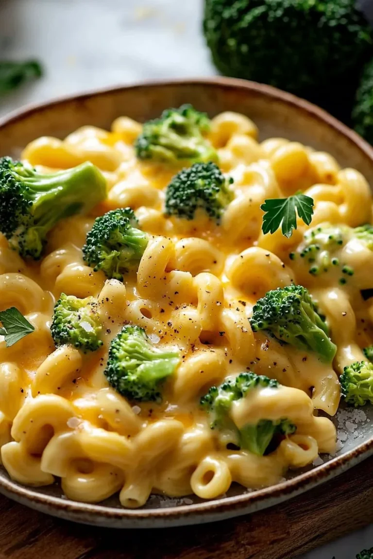 Creamy broccoli mac and cheese dish topped with melted cheese