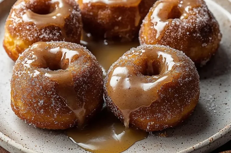 Brown butter apple cider donuts topped with cinnamon sugar on a wooden table