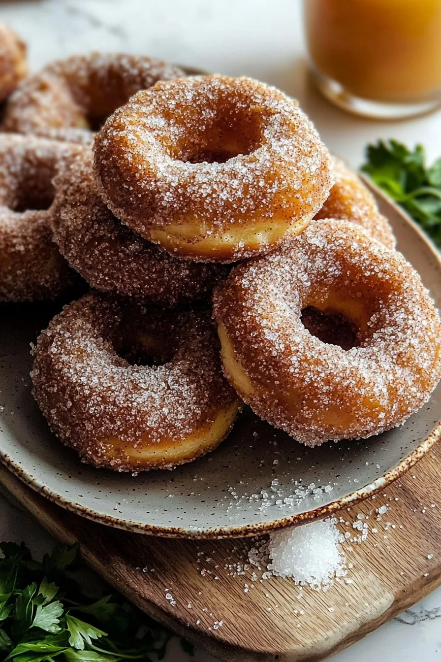 Brown butter apple cider donuts sprinkled with cinnamon sugar