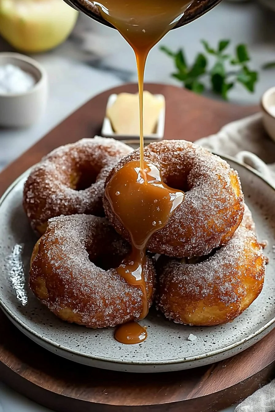 Delicious brown butter apple cider donuts topped with salted caramel drizzle