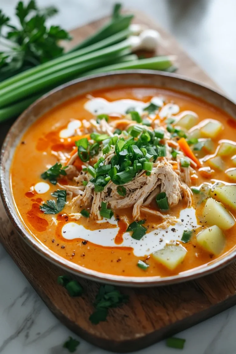 A bowl of delicious Buffalo Chicken Soup garnished with green onions and parsley