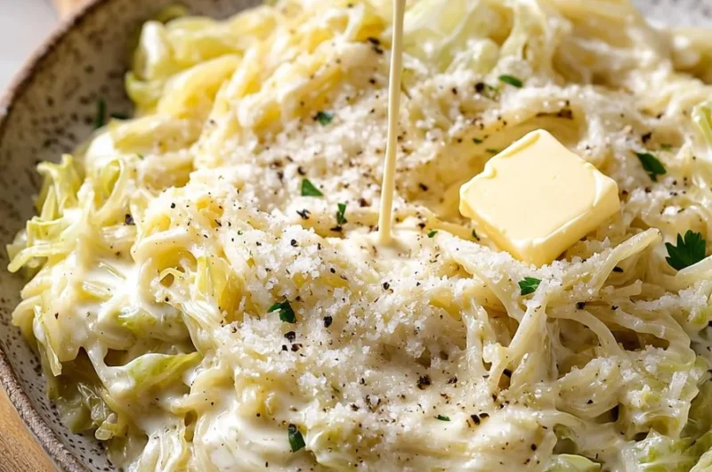 Cabbage Noodles Alfredo in a creamy sauce served on a plate