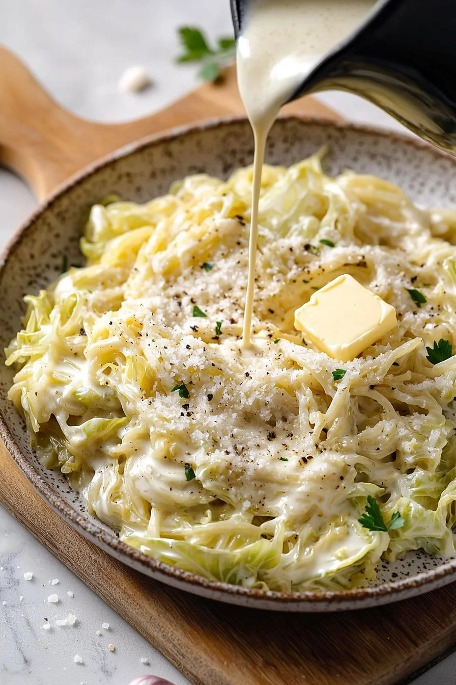 Cabbage Noodles Alfredo in a creamy sauce served on a plate