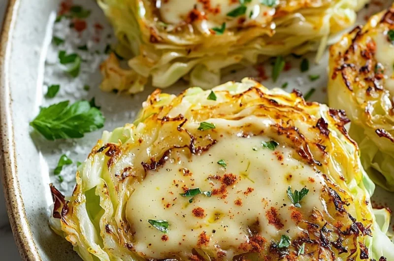 Cabbage steaks topped with melted cheese, garnished and ready to serve.