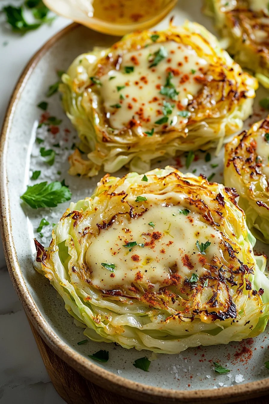 Cabbage steaks topped with melted cheese, garnished and ready to serve.