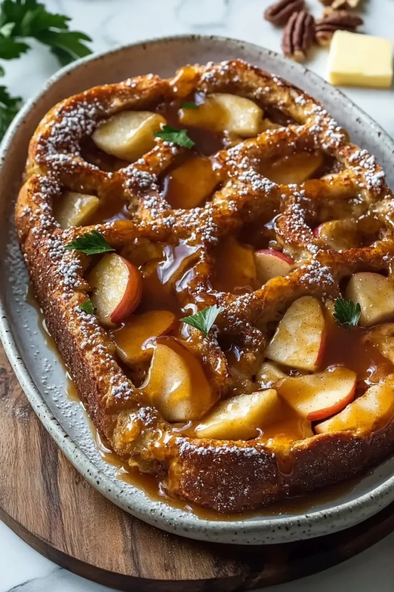 Caramel Apple Stuffed French Toast Casserole topped with caramel sauce and apples.