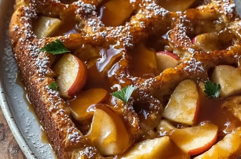 Caramel Apple Stuffed French Toast Casserole topped with caramel sauce and apples.