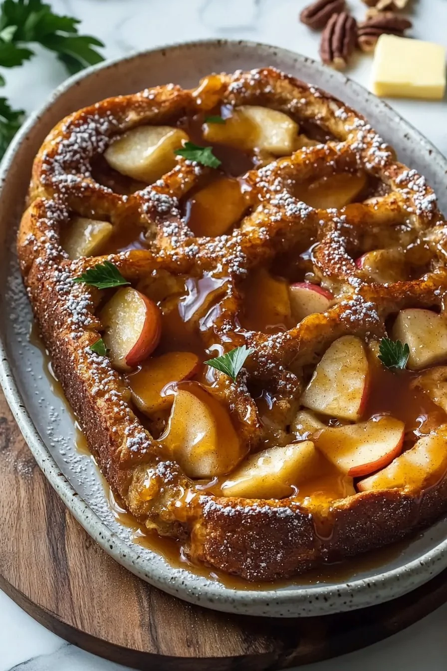 Caramel Apple Stuffed French Toast Casserole topped with caramel sauce and apples.