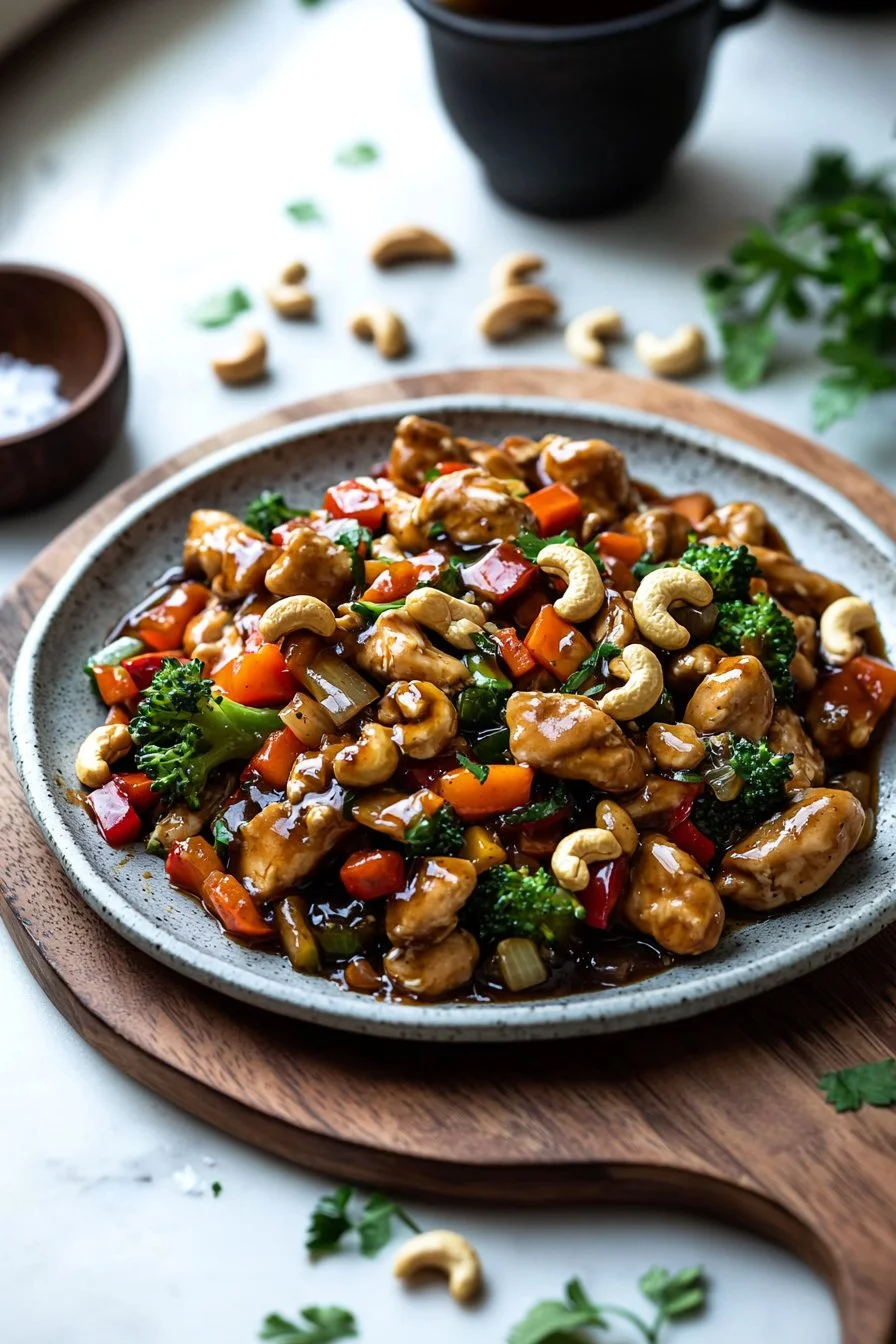 Delicious cashew chicken with cashews and colorful vegetables