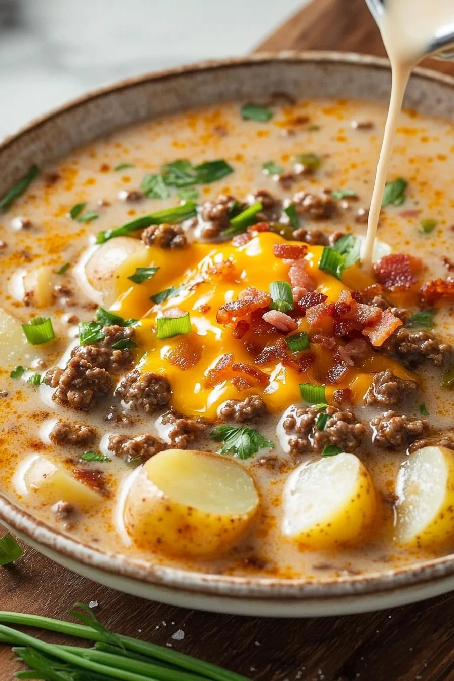 Delicious cheeseburger soup topped with baby potatoes in a bowl