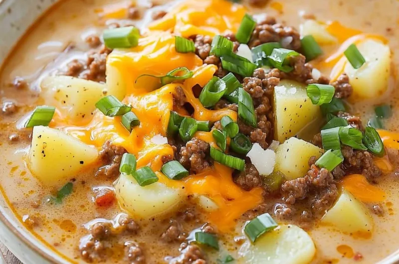 Cheeseburger Soup with Potatoes in a bowl, garnished with cheese and herbs.