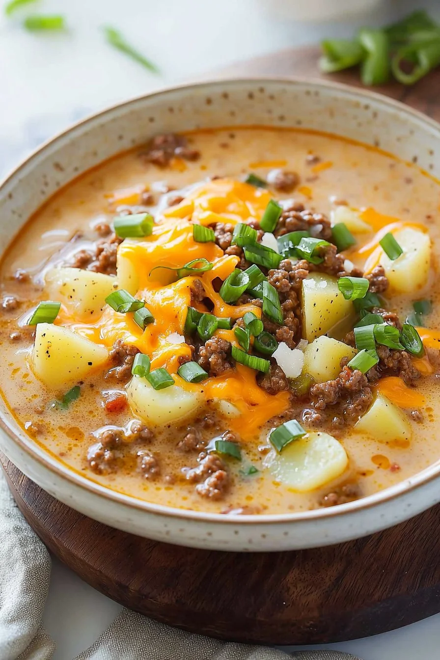 Cheeseburger Soup with Potatoes in a bowl, garnished with cheese and herbs.