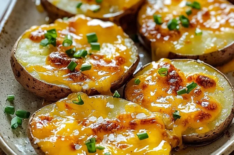 Delicious cheesy baked potato slices baked to perfection and garnished.