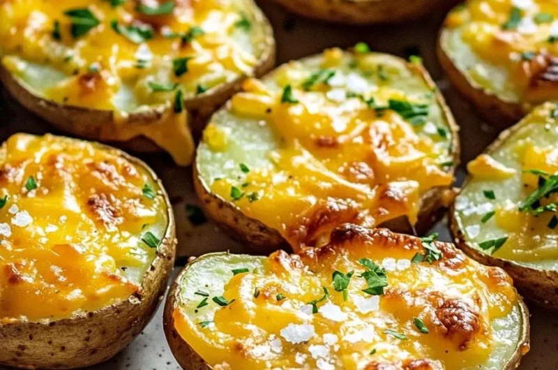 Cheesy baked potato slices fresh from the oven, golden and crispy