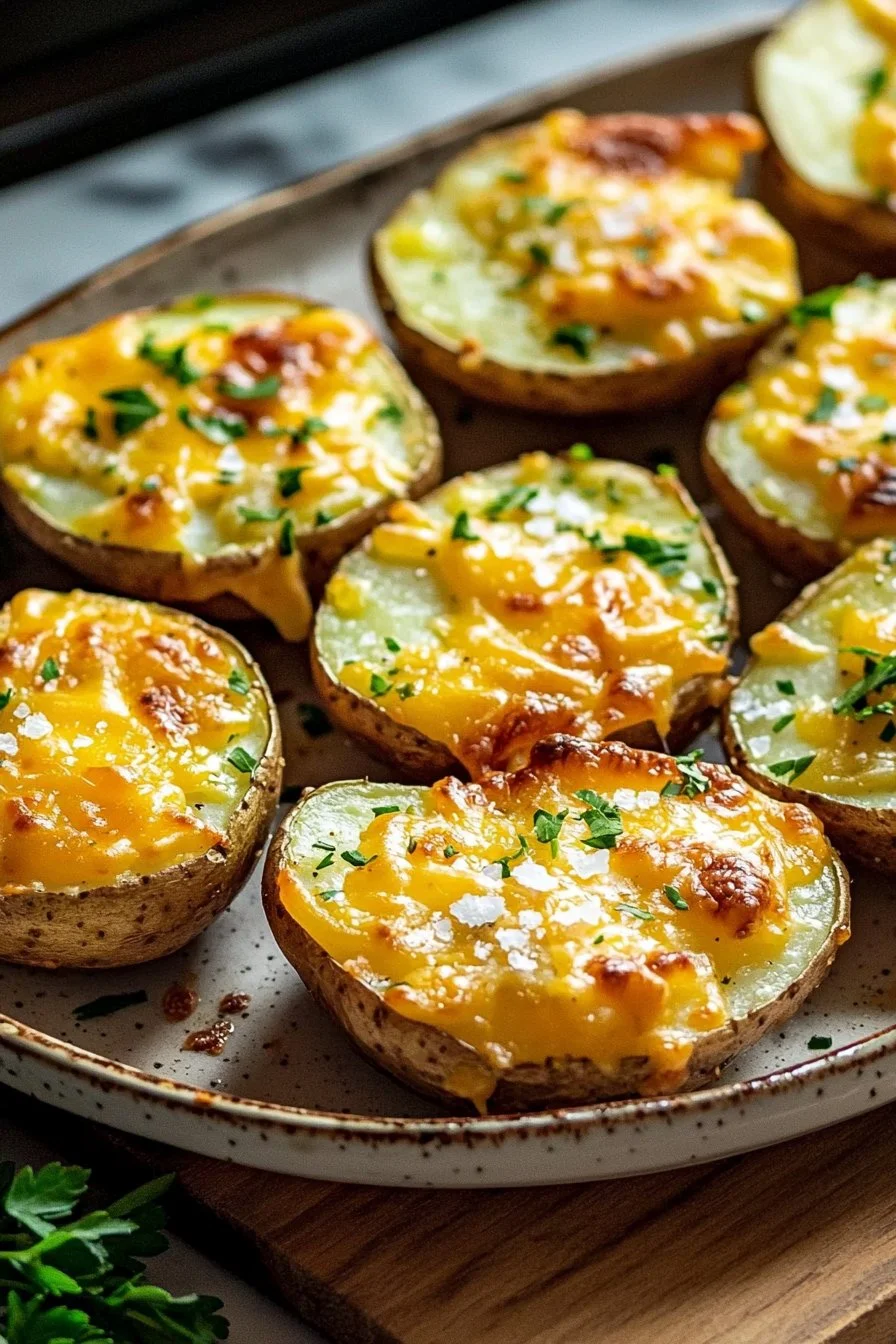 Cheesy baked potato slices fresh from the oven, golden and crispy