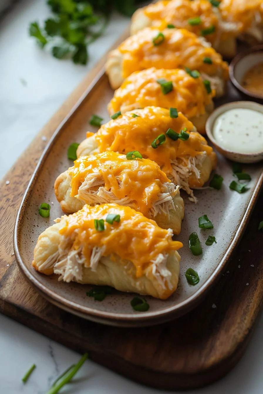 Cheesy chicken crescent rolls baked to perfection, golden brown and gooey