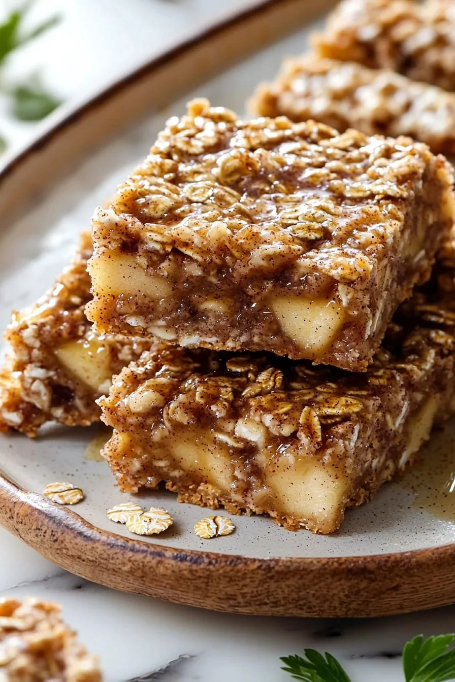 Chewy apple cinnamon breakfast bars on a wooden table, ready to eat.