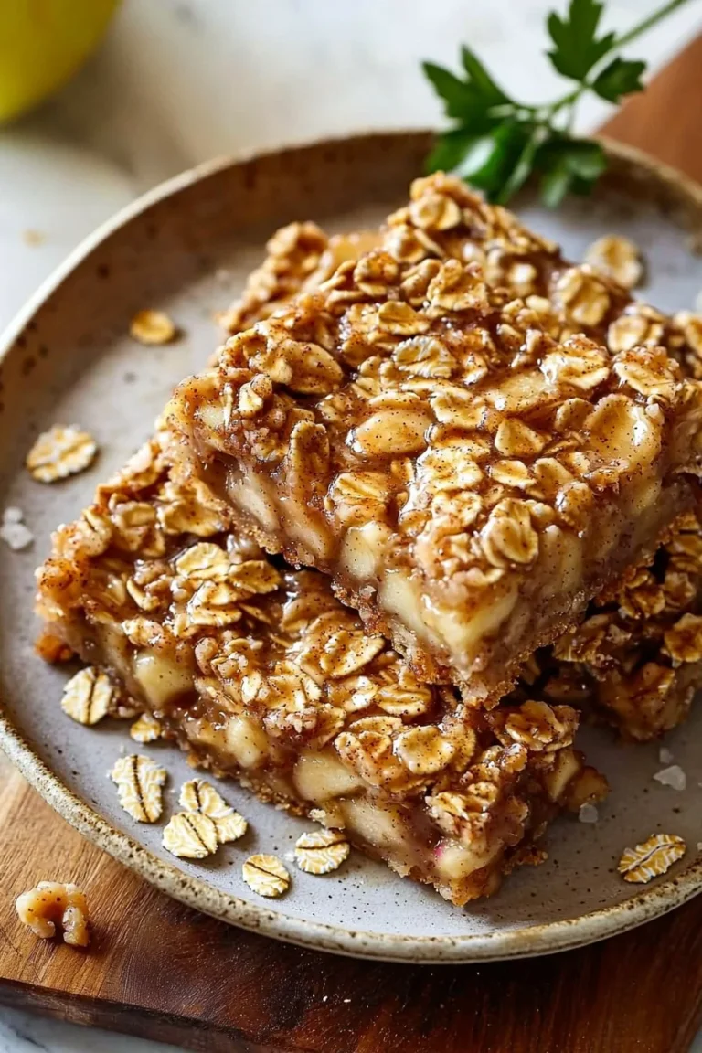 Delicious chewy apple cinnamon oatmeal bars on a plate