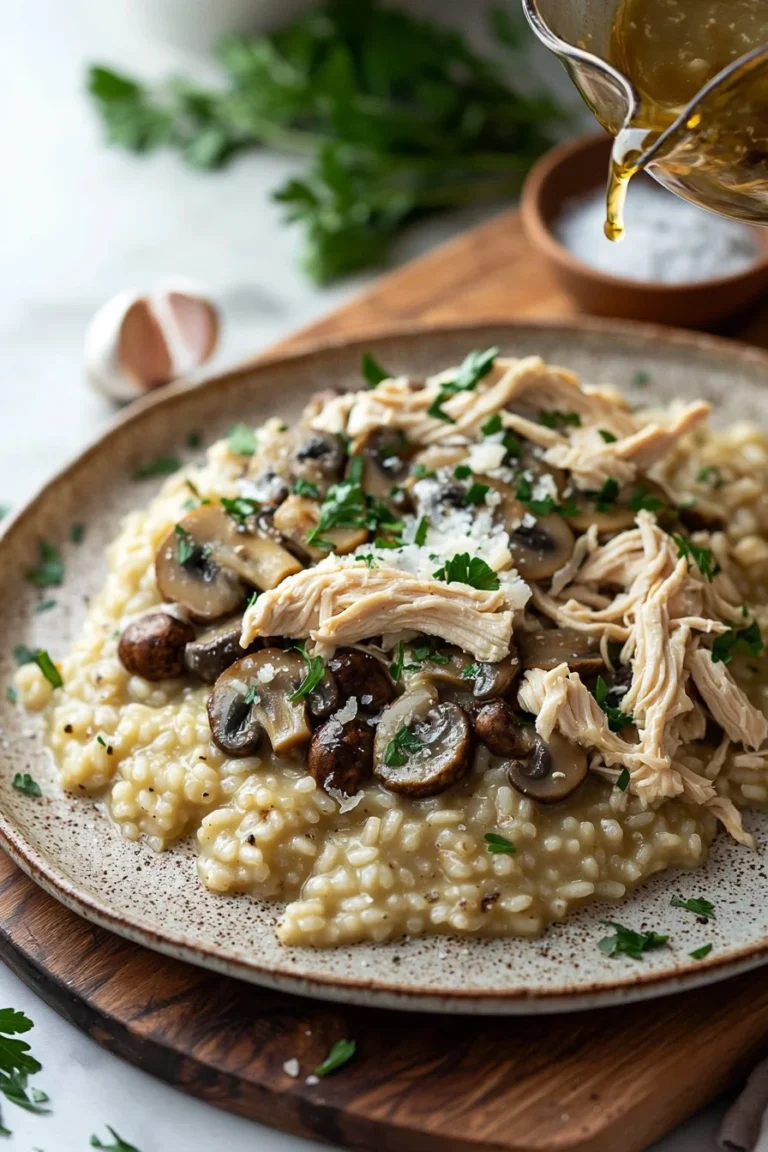Creamy Chicken and Mushroom Risotto served in a bowl garnished with parsley.