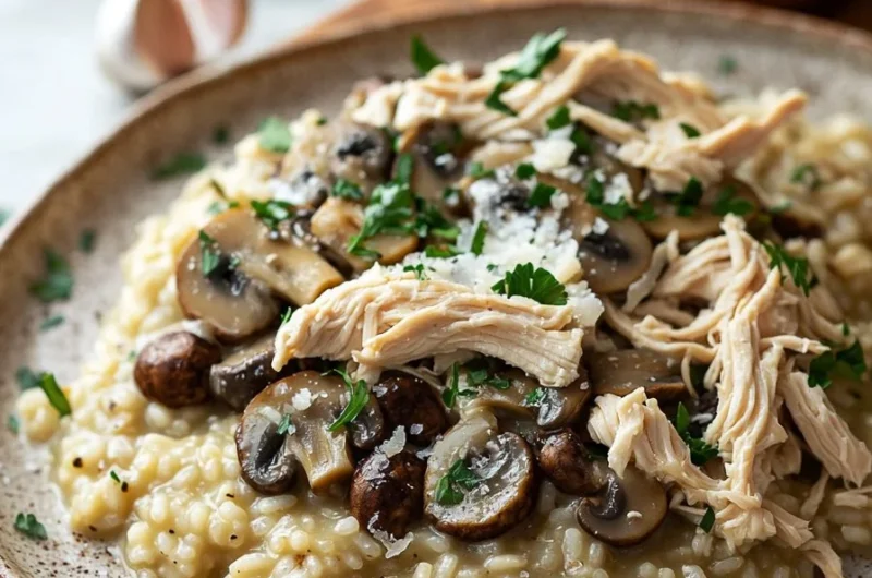 Creamy Chicken and Mushroom Risotto served in a bowl garnished with parsley.
