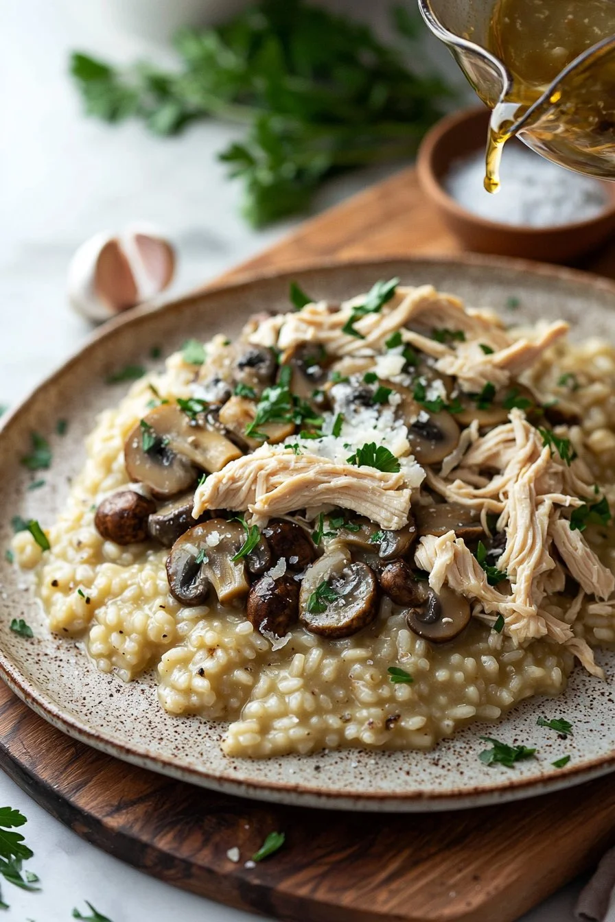 Creamy Chicken and Mushroom Risotto served in a bowl garnished with parsley.