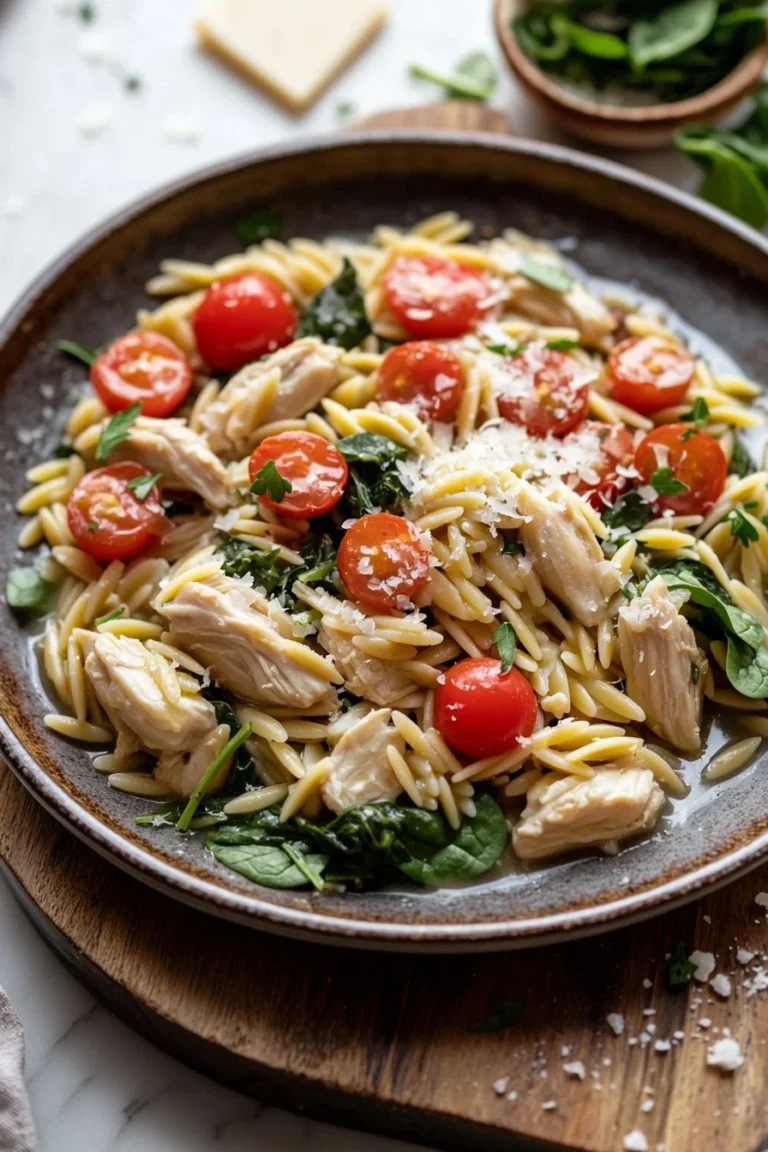 Plate of Chicken and Orzo with vegetables, garnished and ready to serve.