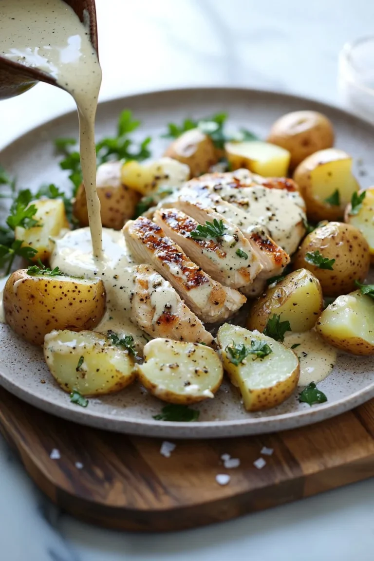 Juicy chicken and potatoes with creamy Dijon sauce served on a plate