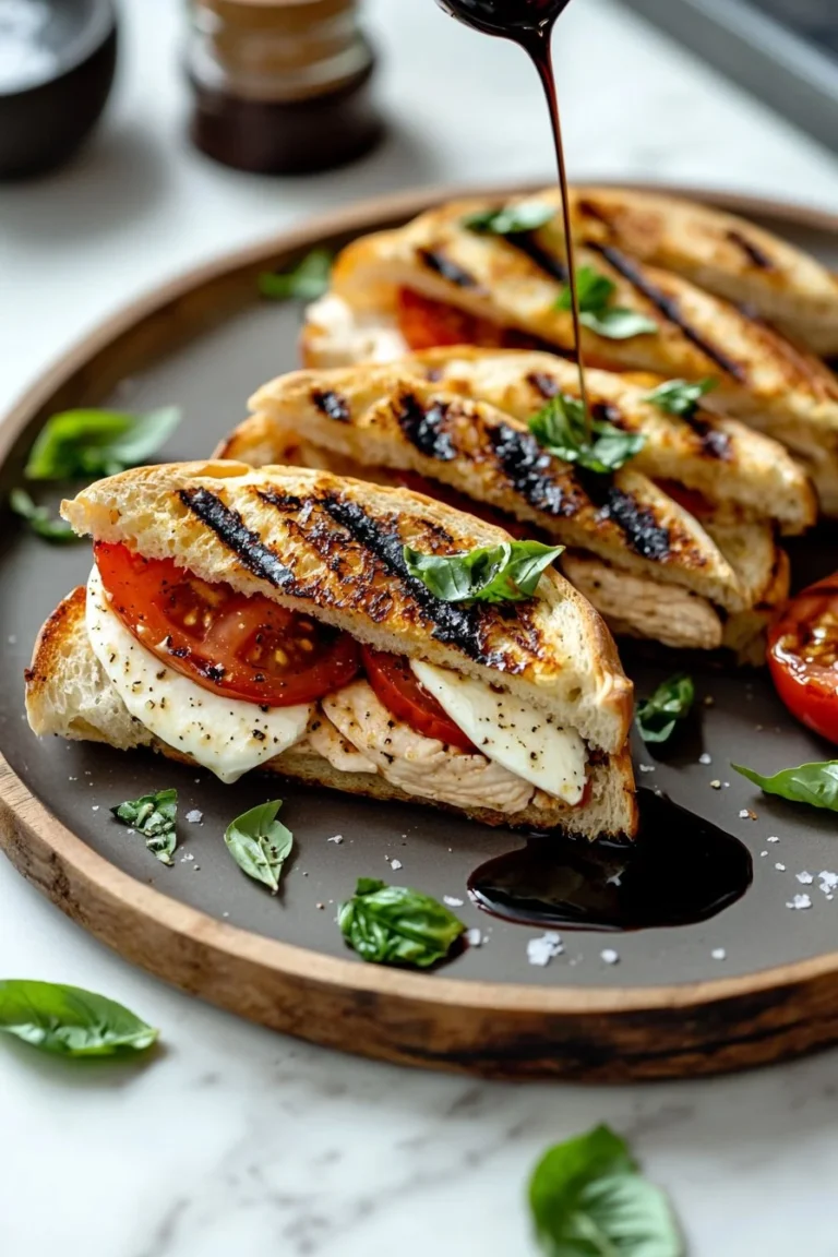 Delicious Chicken Caprese Panini with chicken, mozzarella, and basil on ciabatta bread