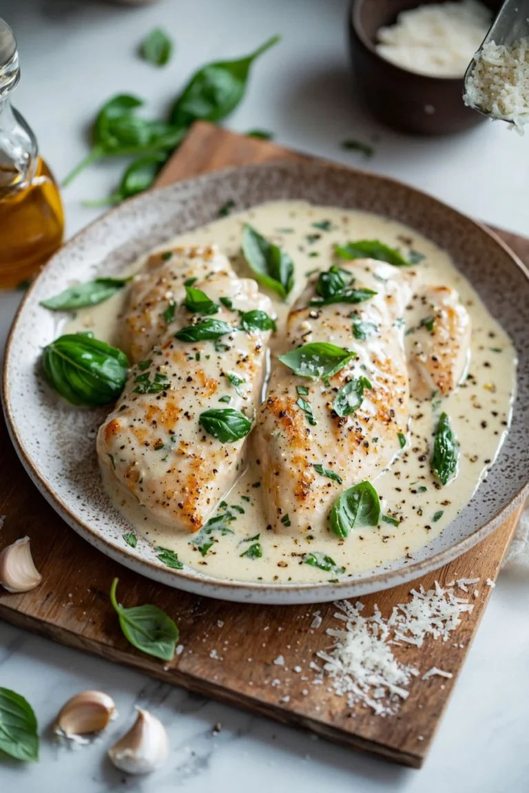 Delicious chicken served with rich basil cream sauce garnished with fresh basil