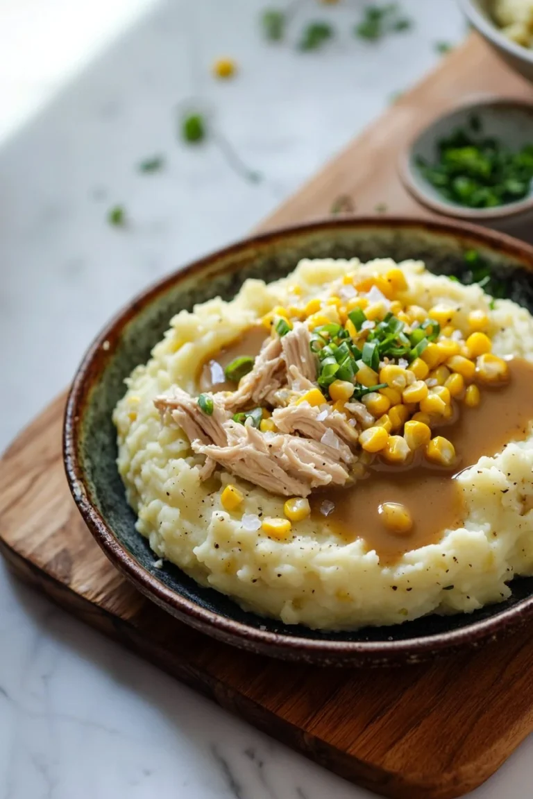 Delicious chicken mashed potato bowls topped with gravy and herbs