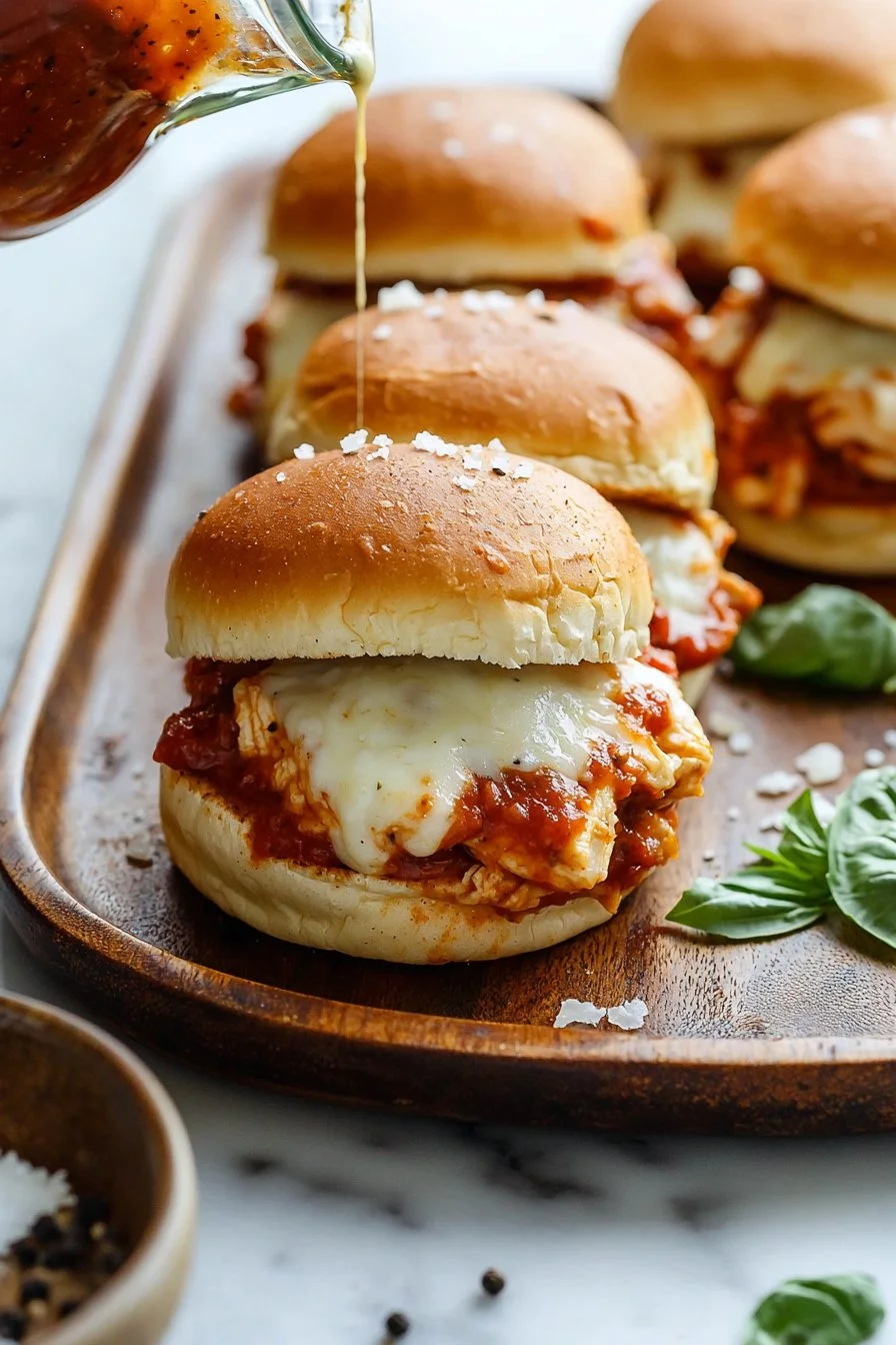 Chicken Parmesan Sliders served on a platter with marinara sauce