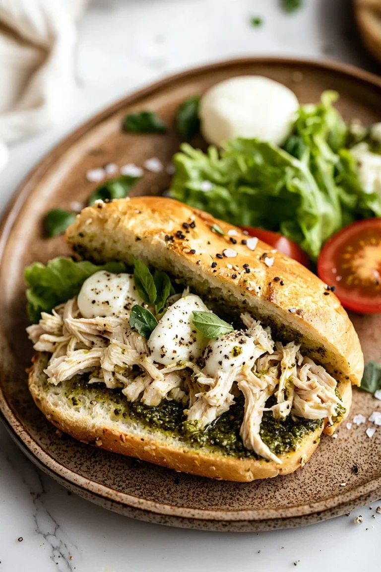 Delicious chicken pesto sandwich with fresh basil and vegetables