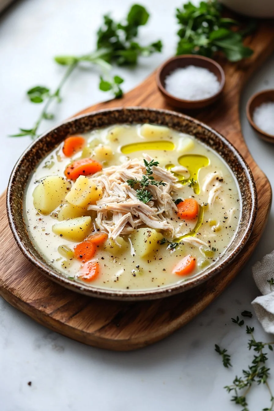 Delicious Chicken Potato Soup in a bowl with fresh herbs on top