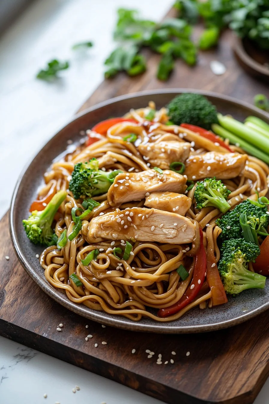 Bowl of Chicken Teriyaki Noodles garnished with vegetables