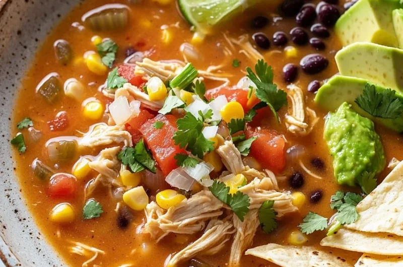 Delicious Chicken Tortilla Soup topped with crispy tortilla strips and fresh cilantro