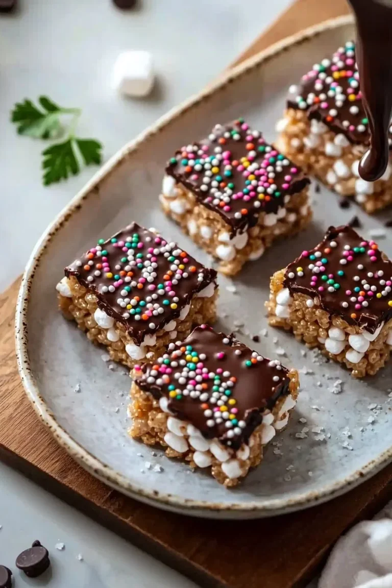 Chocolate dipped rice krispy treats on a white plate