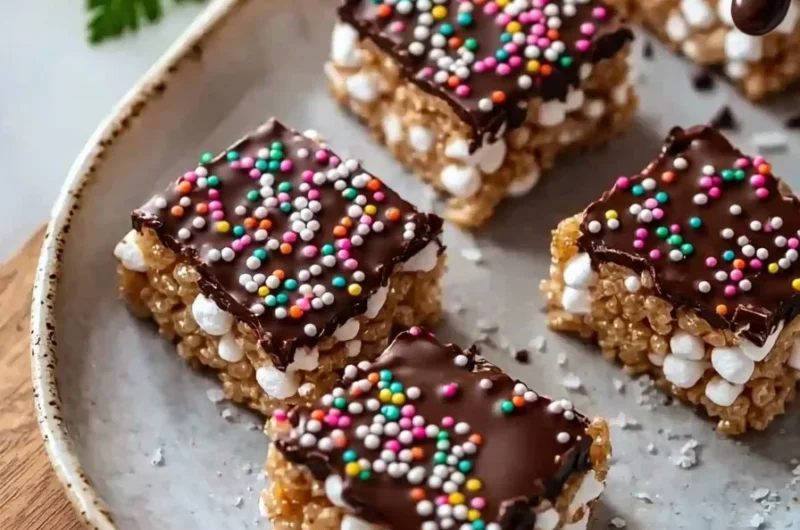 Chocolate dipped rice krispy treats on a white plate