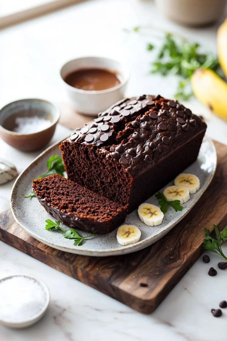 Chocolate Espresso Banana Bread loaf with chocolate chunks and banana slices