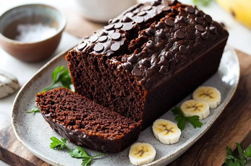 Chocolate Espresso Banana Bread loaf with chocolate chunks and banana slices