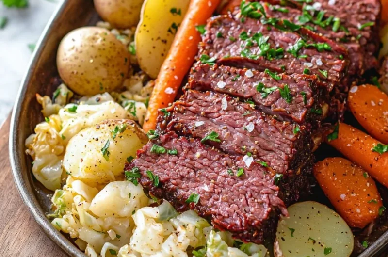 Sheet pan corned beef and cabbage ready for serving