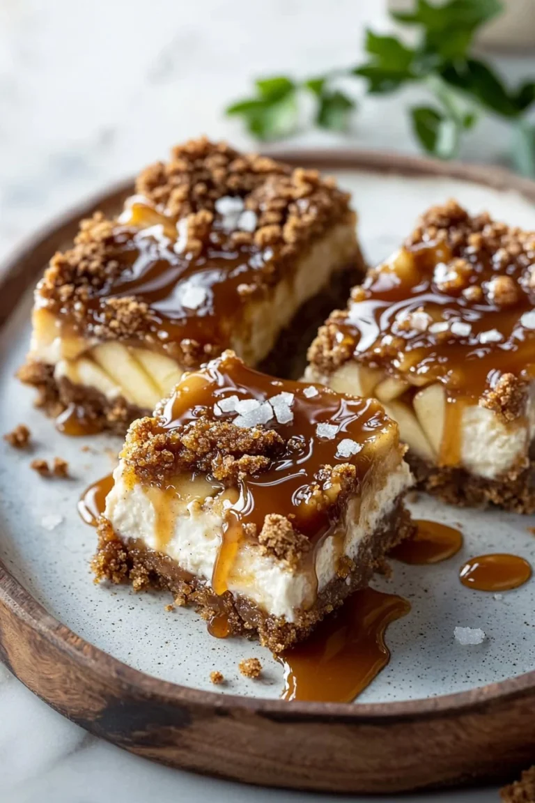 Cozy caramel apple cheesecake bars topped with caramel and apple slices