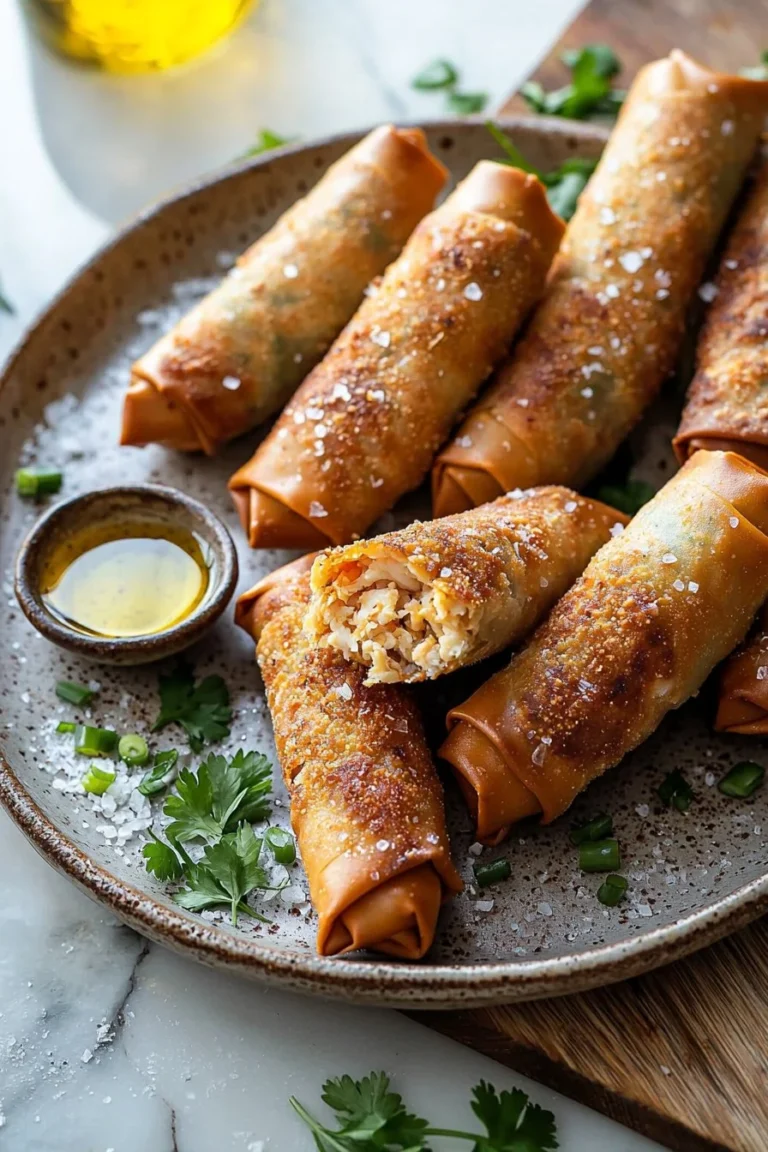 Crispy crab cake egg rolls served with dipping sauce on a plate