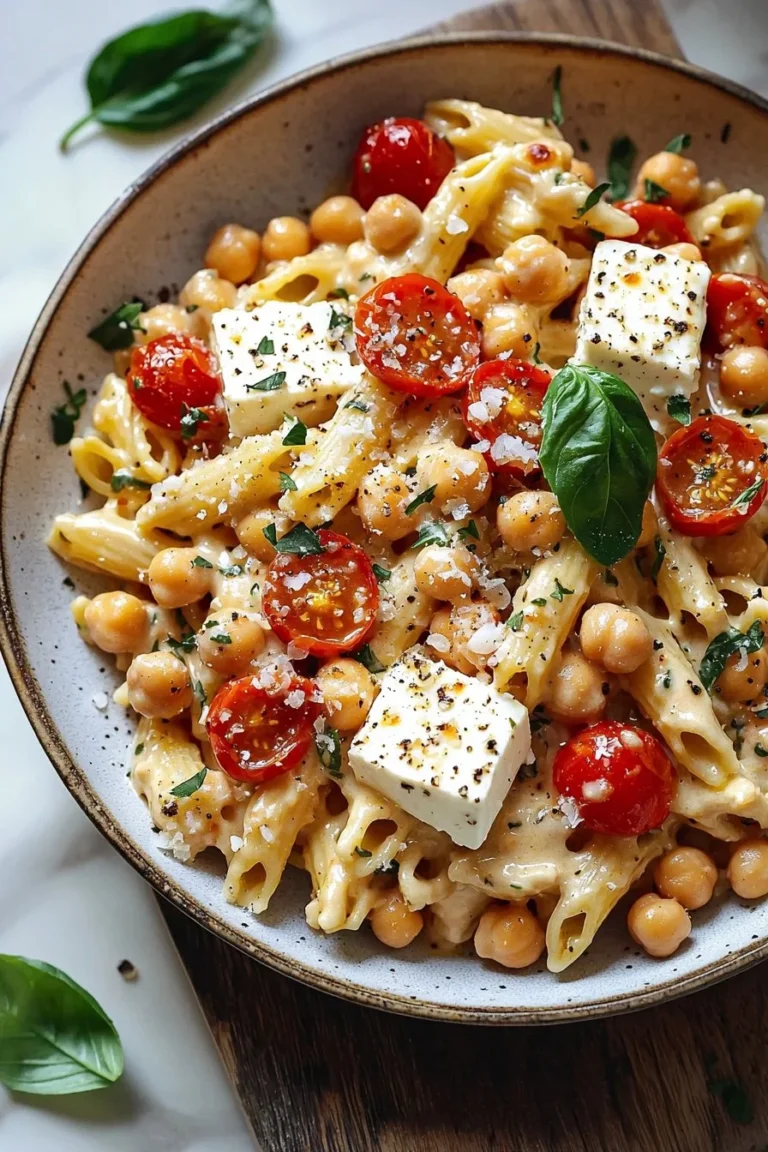 Creamy baked feta pasta with chickpeas in a serving bowl