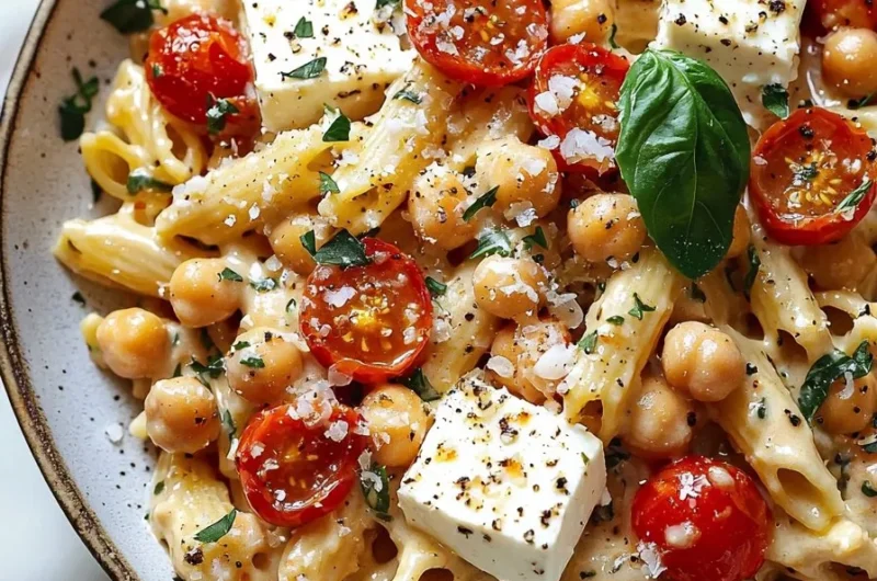 Creamy baked feta pasta with chickpeas in a serving bowl