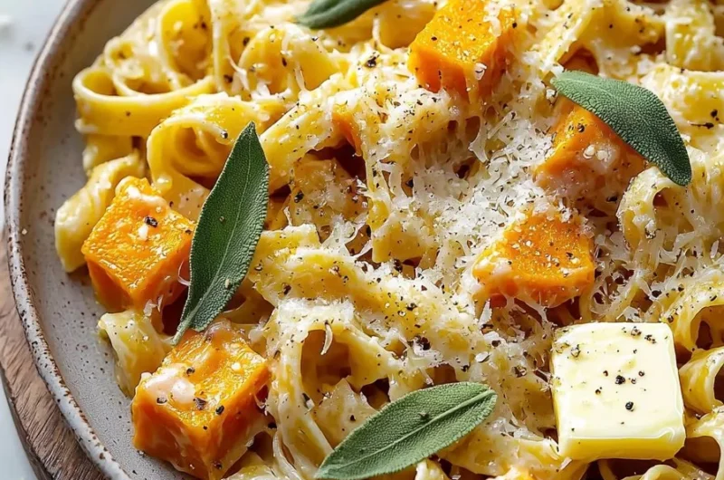 Creamy brown butter sage butternut squash pasta topped with herbs